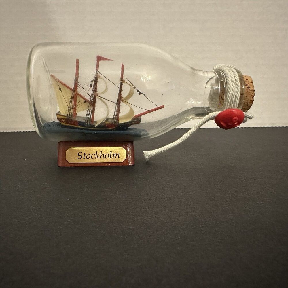 Miniature Ship in a Bottle “Stockholm” – Nautical Souvenir w/ Wood Display Stand